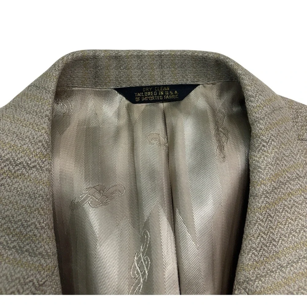 vtg 90s Lebaron 42R Tan Zig Zag Striped Silk Blazer Jacket Sport Suit Coat USA